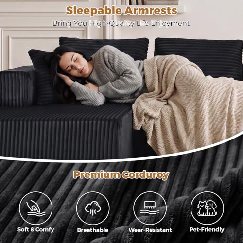 Image of 132 inch Boneless Couches for Living Room, U Shaped Modular Sectional Corduroy Comfy Cloud Memory Foam Deep Seat Boneless Sofa, No Assembly Required Couch for Living Room with Double Chaise, Black