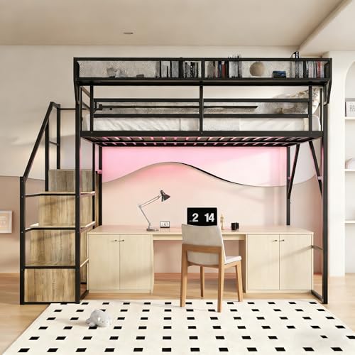 Image of Queen Size Metal Loft Bed with Storage Shelf Built-in USB Port | Heavy Duty Loft Bed with Storage Stairs & Wardrobe+ LED Lights, Large Under-Bed Area, Noise Free, No Box Spring Needed