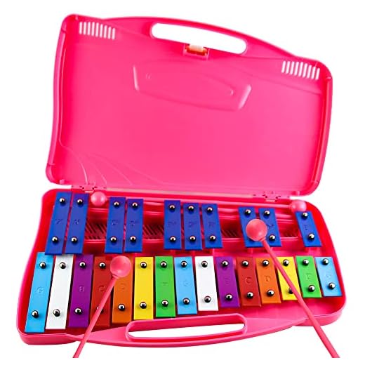 Eavnbaek 25 Notes Glockenspiel Xylophone, Professional Xylophone Percussion Instrument with Hard Case and Safe Mallets, for Student Beginners, Music Teaching and Gifts (Pink)