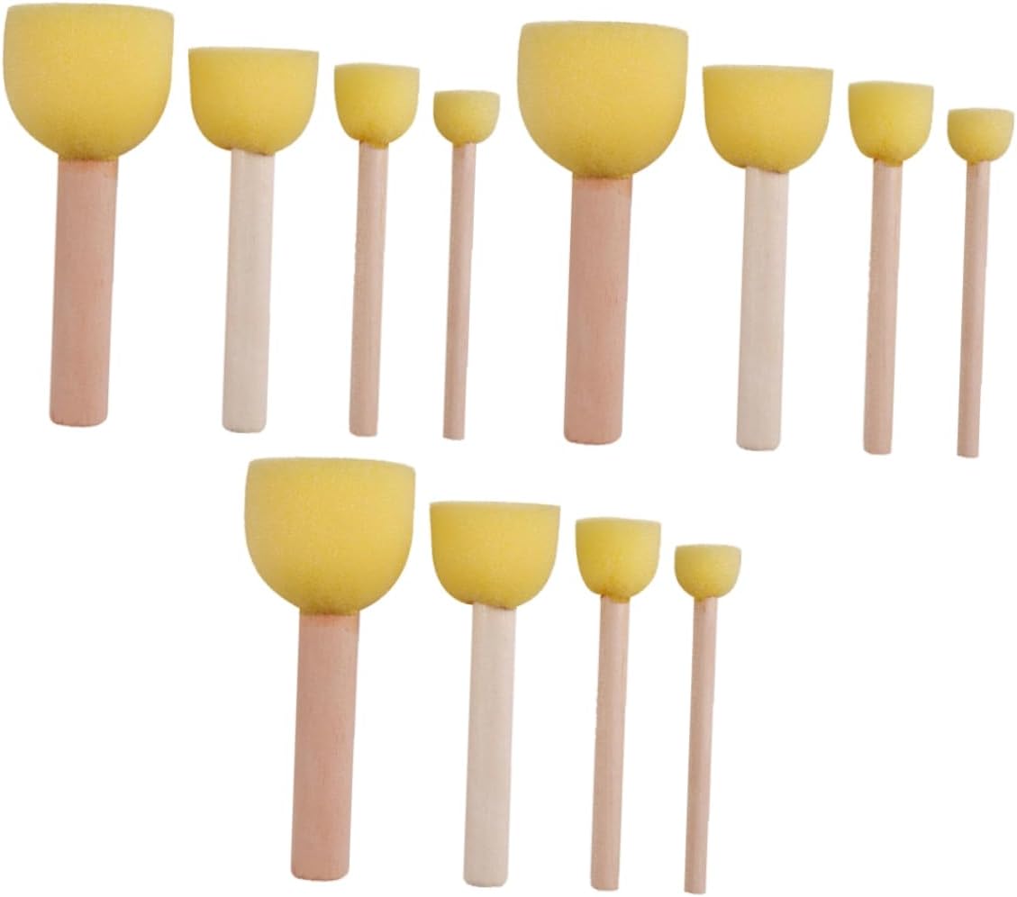NUOBESTY 12 Pcs Painting Sponge Stamper with Wooden Handles Safe Eco Friendly Round Graffiti Brushes for Preschool DIY Art and Craft Creativity Development
