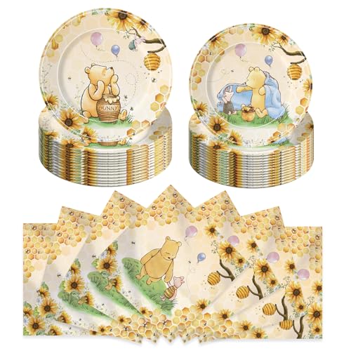 150pcs Baby Shower Decorations Boys Classic Bear Plates Napkins Boy Paper Disposable Dessert Plates Tableware Set for Newborn Kids Birthday Party Decorations Serves 50 Guests (Yellow)