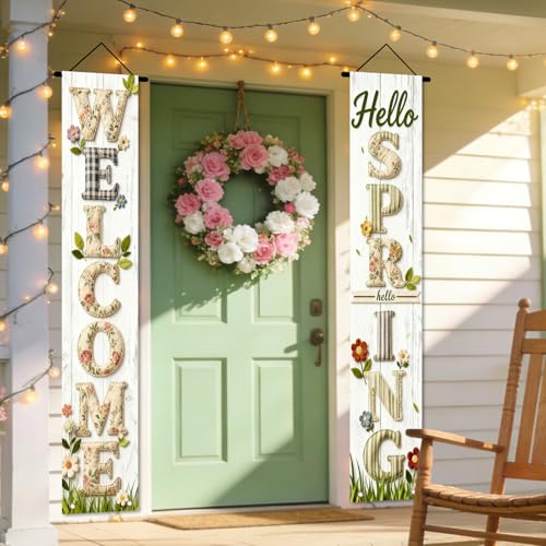 Image of Nuxovilar Welcome Spring Plaid Porch Banners 12x70 Inches Polyester