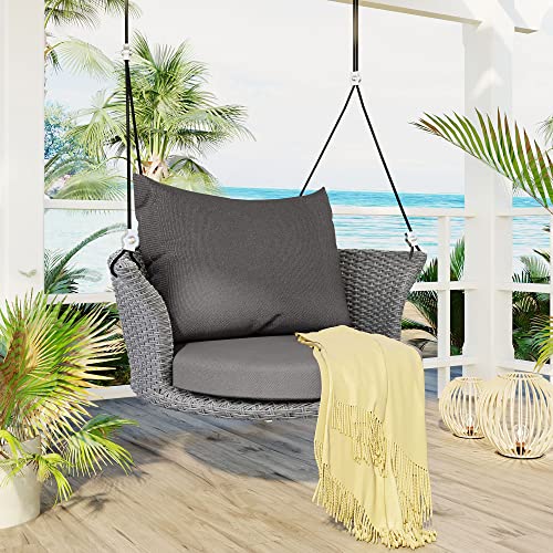 Outdoor Patio Wicker Porch Swings, 33.8" Wide Single Person Hanging Chair With Gray Woven Rattan And Cushions #TOP29