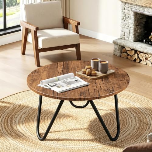 Image of Round Coffee Table 23.6 inch Wooden Circle Living Room Coffee Tables with Steel Frame Simple Modern Accent Center Table for Small Space Home Office Outdoor Light Brown