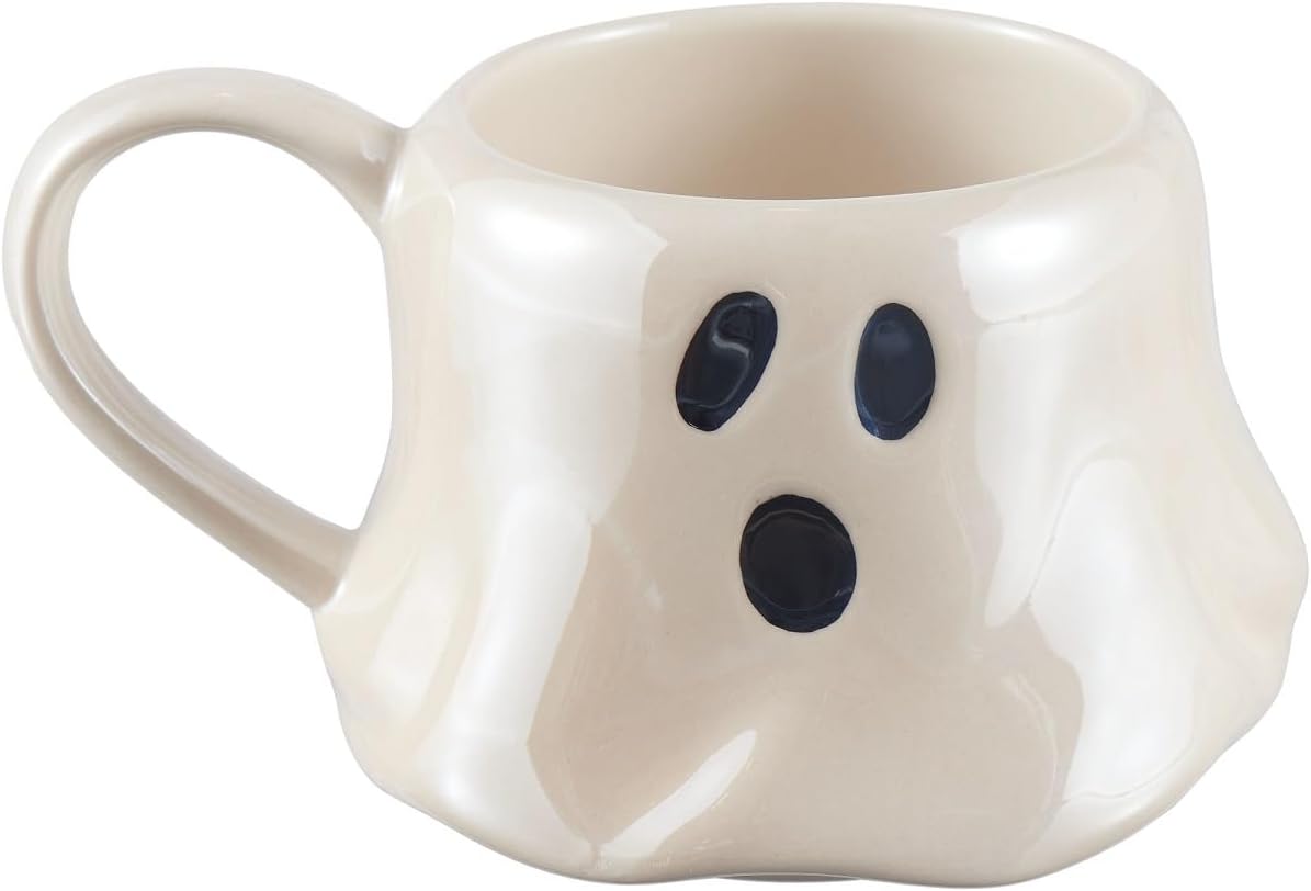 13-Ounce Halloween White Ghost Stoneware Stackable Mug Set with Iron Rack, Cute and Spooky Coffee Mugs