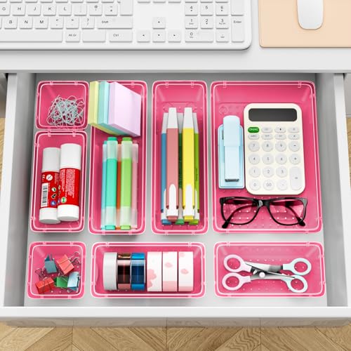 Image of ElegantArray 12 PCS Drawer Organizer Set, 4 Sizes Tool Storage Trays, Clear Plastic Makeup Vanity Organizer and Storage Bins for Stationeries, Multiple Gadgets for Office, Bedroom, Pink