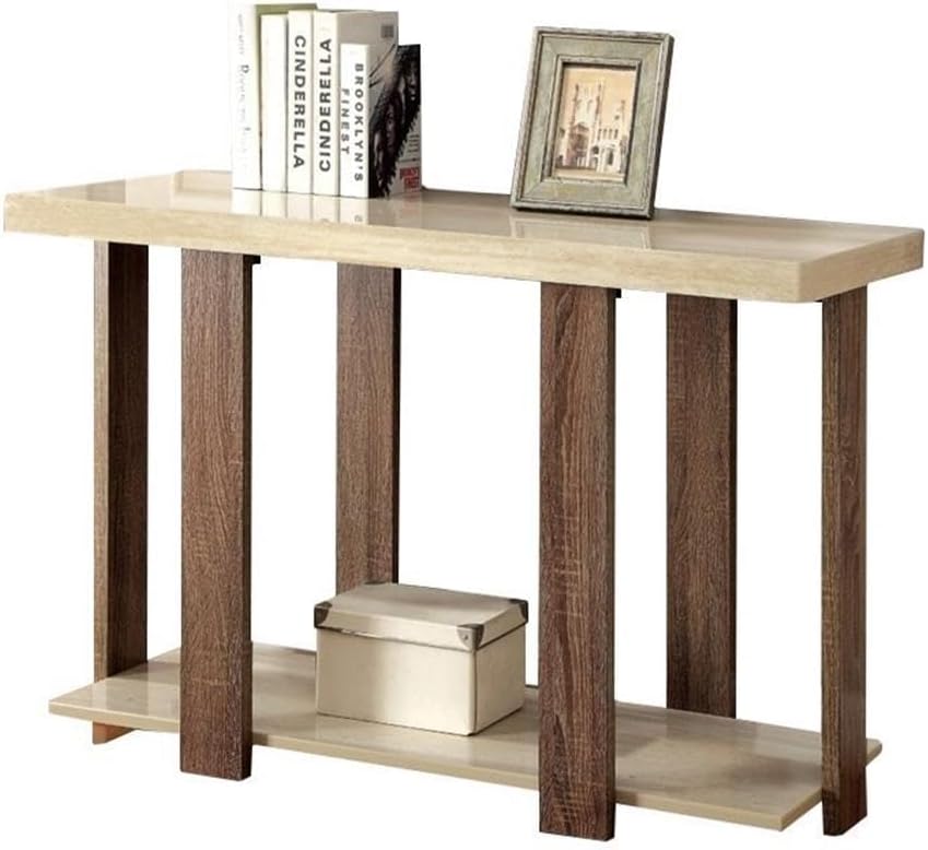 BOWERY HILL Console Table, Light Oak Finish, MDF and Veneers, 47.5" W x 18" D x 30" H, White Faux Marble Top and Shelf, Contemporary Style, Open Shelf Design, Ideal for Entryway or Living Room Use