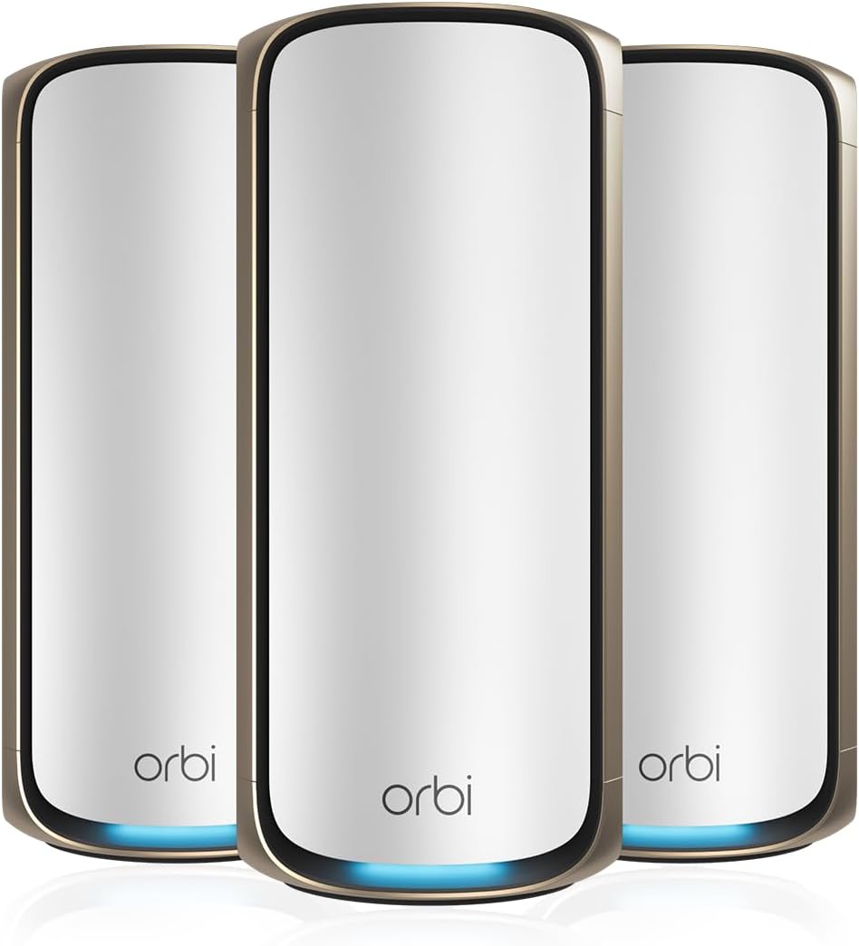 Netgear Orbi 970 Series Quad-Band WiFi 7 Mesh Network System RBE973S, Router + 2 Satellite Extenders, Covers Up to 10,000 sq. ft., 200 Devices, 10 Gig Internet Port, BE27000 Up to 27Gbps - White