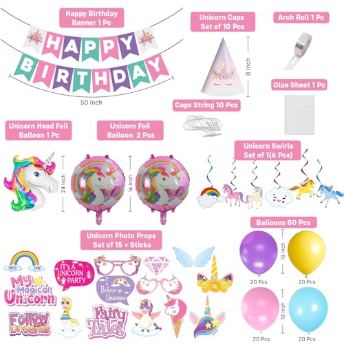 Image of Party Propz Unicorn Theme Birthday Decoration Kit For Girls -127 Pcs, Unicorn Balloons, Banner, Swirls, Caps & Photo Props, Pink Theme Decoration For Birthday Girls