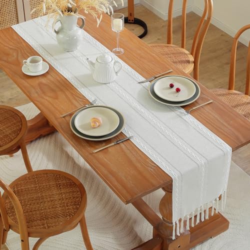 meioro Rustic Table Runner with Tassels, 33x143cm Farmhouse Boho Table Runners Braided Striped - Image 2