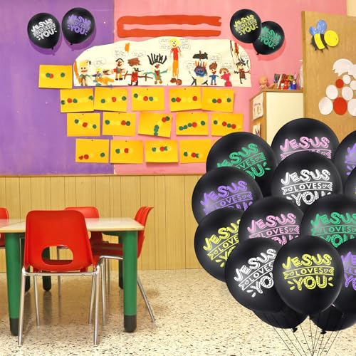 Image of Gejoy 60 Pcs Jesus Loves You Balloon 12 Inch Latex Christian Religious Jesus Balloon Party Decor for He Is Risen Party Decor Favor Cross Church Event Birthday Sunday Supplies(Black)
