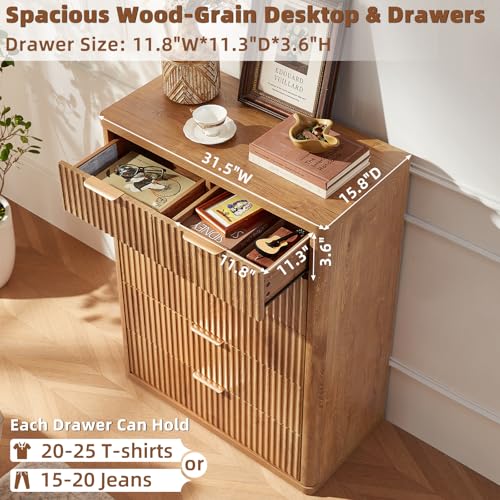 Image of LEYAOYAO Fluted 6 Drawers Dresser for Bedroom, 42 inch Tall Modern Chest of Drawers with Metal Handle, Curved Profile Design,Wood Drawer Organizer for Bedroom, Living Room, Hallway, Brown