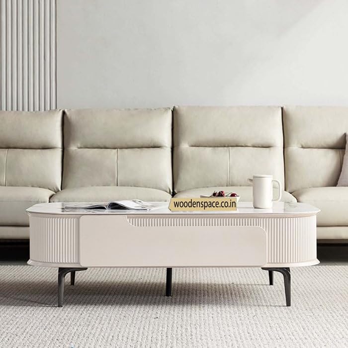 Image of WOODEN SPACE Premium Solo Marble-Top Wooden Center Table for Living Room | Iron Legs | PVD Coating | Modern Entryway Furniture | Coffee Table - 42X24X18 in (White)