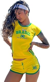 Women's Two Piece Brazilian shirt Shorts Y2K Letter and all Flag Short Sleeve Tee Crop Top and Cut shorts Set