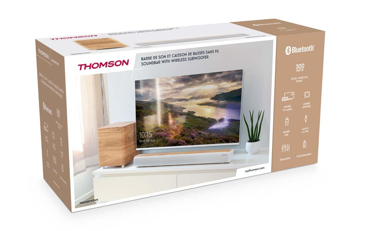 THOMSON Barra de Sonido y subwoofer inalámbricos Subwoofer inalámbrico SB400BRWS (Blanco y Madera)