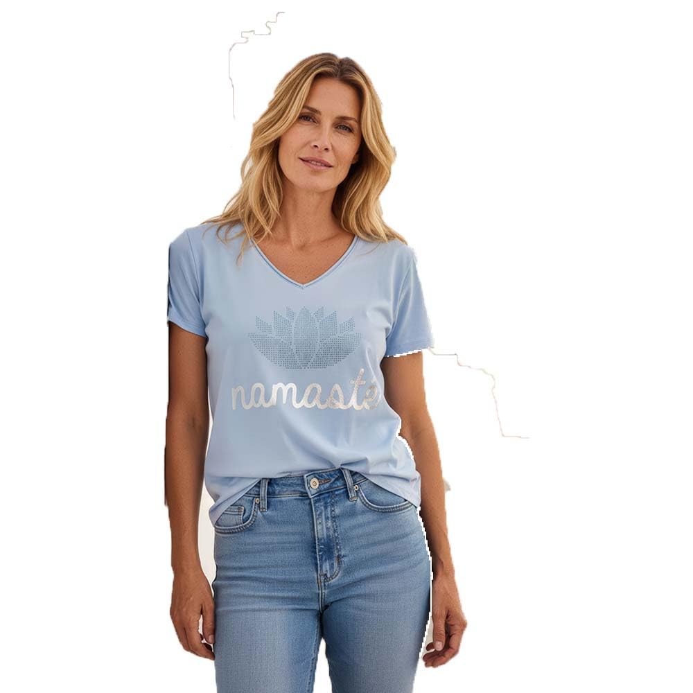 Miss Goodlife MG13854 Damen V-Neck T-Shirt Namaste Strass, Smokey Blue,