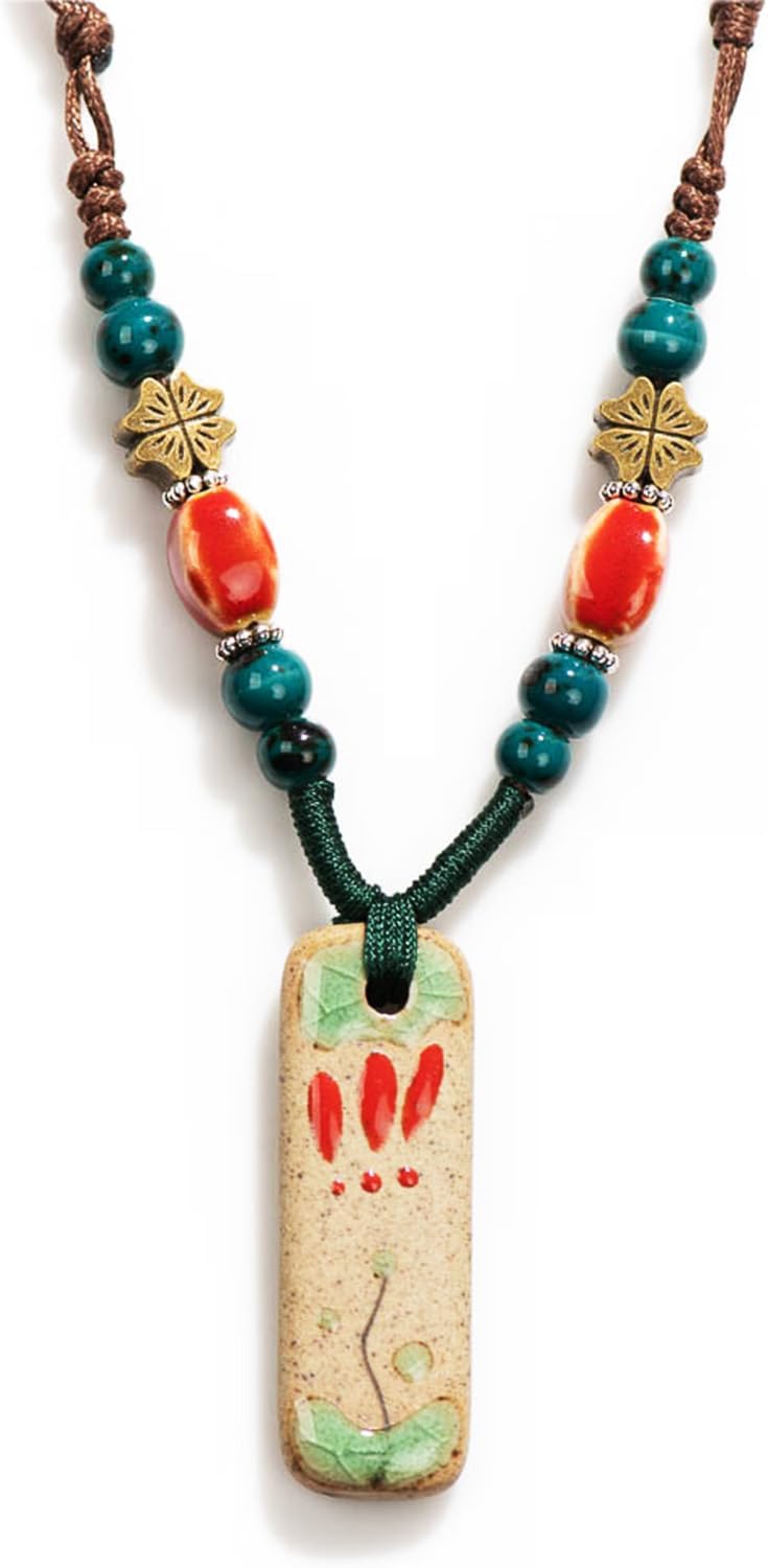 POYAMUSE Boho Ceramic Pendant Necklace for Women – Adjustable Wax Line Necklace, Handmade Jewelry – Unique Bohemian Necklaces for Women