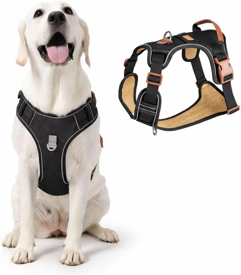 PawWave No Pull Front Clip Dog Harness – Adjustable Padded Denim Vest with Reflective Strips for Small, Medium & Large Dogs (Black, Large)