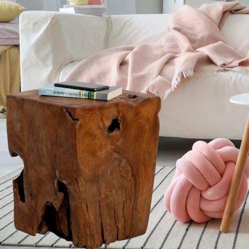 LEBENSwohnART Beistelltisch Hocker Heavy Stool Teak Handmade Naturform massiv eckig
