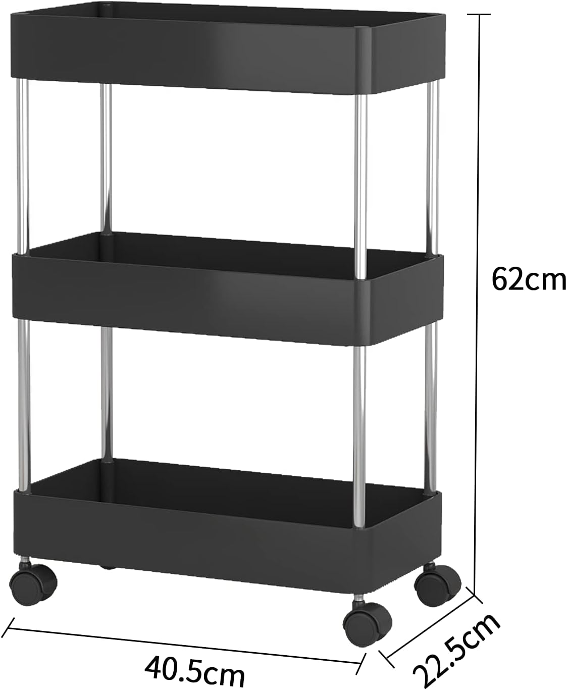 UDEAR Slim Storage Cart,3-Tier Mobile Shelving Unit Rolling Utility Cart for Bathroom, Office,Laundry Room,Kitchen, Narrow Place,Black