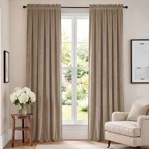 Image of Light Taupe Velvet Curtains Warm Rod Pocket 52x96 Inch 2 Panels | Soft Velvet, For Bedroom & Living Space, Light Shifting Texture, Elegant Luxury Drape, Rich