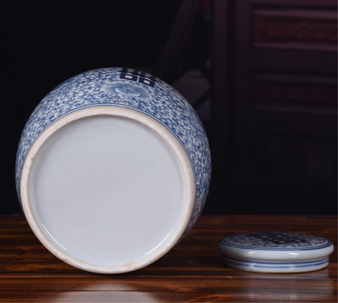 Ingwerglas Blaue Und Weiße Porzellan-dekorative Keramikknospenvase Double Happiness, Flache Oberseite Mit Deckel, Ingwerglas Tempelglas