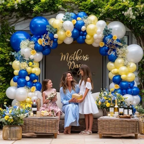 Image of Blue Yellow Balloons Garland Double Stuffed Pearl Yellow White Royal Blue Balloon Arch Kit for Wedding Bridal Baby Shower Lemon Birthday Party Decoration