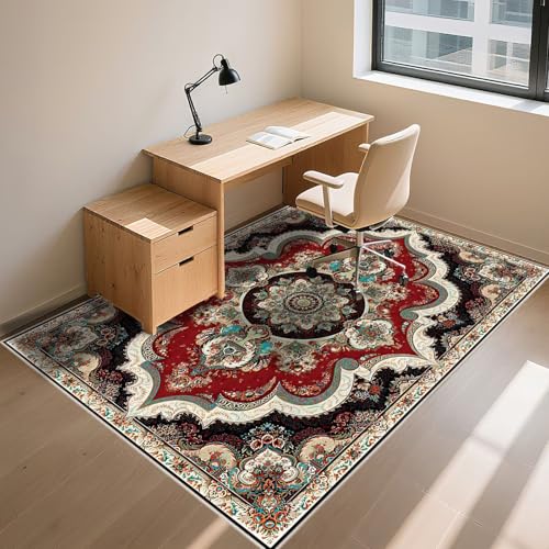 Tapis de chambre anti-dérapant rouge 120x160cm vintage floral pour salon - 8