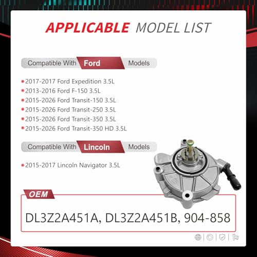 Image of Brake Vacuum Pump Compatible with Ford Expedition 2015-2017, F150 2013-2016, Transit-150 250 350 350HD 2015-2026, Lincoln Navigator 2015-2017, 3.5L V6, Replaces 904-858, DL3Z2A451A, DL3Z2A451B