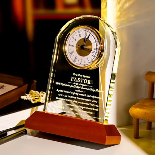 Image of Ornalrist Pastor Appreciation Gifts for Men Women Glass Clock for Best Pastor with Wooden LED Light Base Religious Thank You Keepsake for Pastors on Christmas Retirement Birthday Home Office Decor