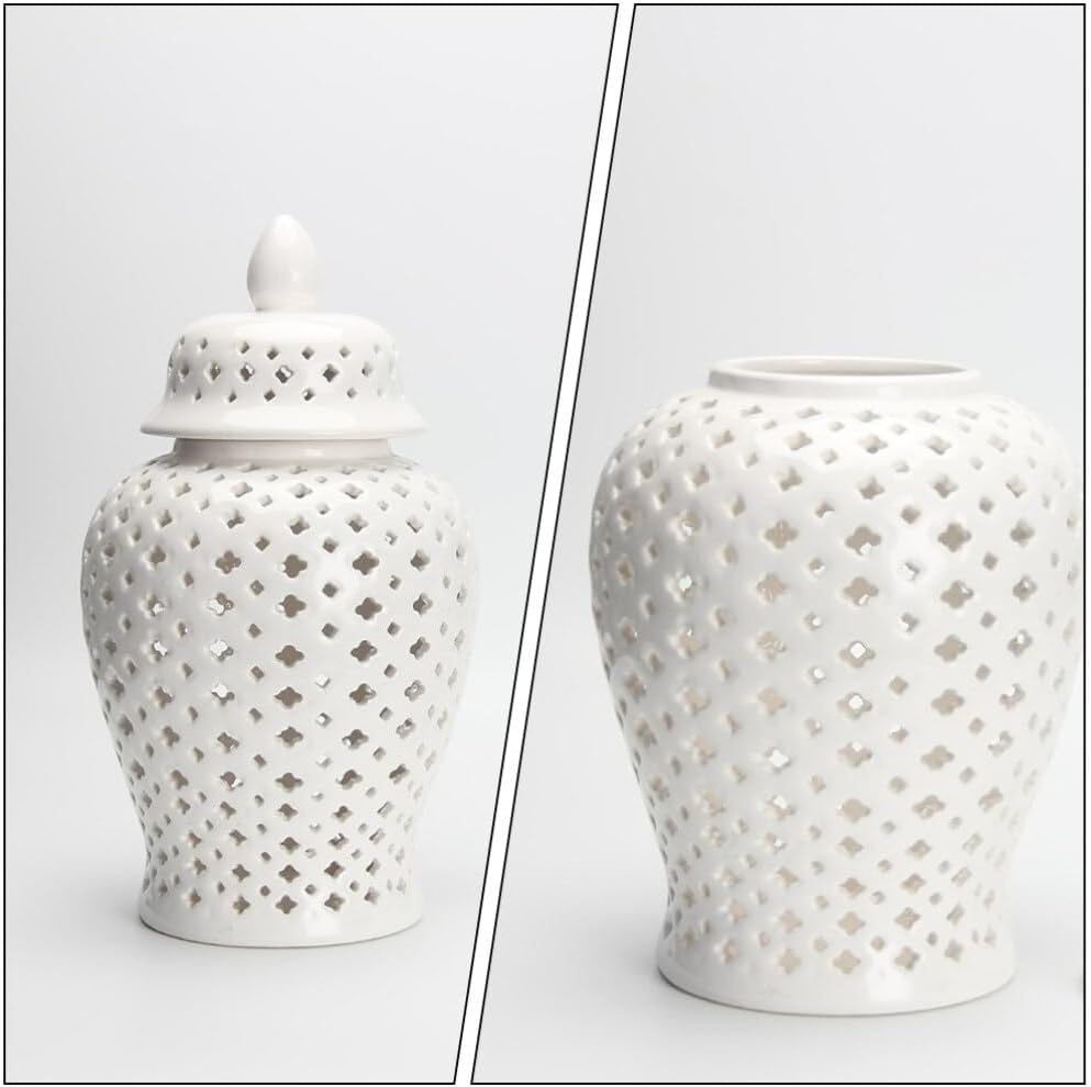 Kichvoe Hollow Out White Ceramic Ginger Jar with Lid 8.26 Inch Decorative Flower Vase Storage Canister for Home Wedding Party Accent