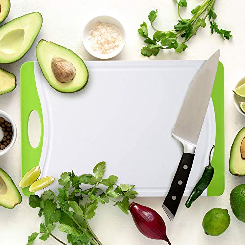 Neoflam 2 Piece Plastic Cutting Board Set, Microban Protection, Stain & Odor Free, Extra Large, BPA Free, Juice Groove, Non Slip, Dishwasher Safe, Easy Grip Handle, White Green