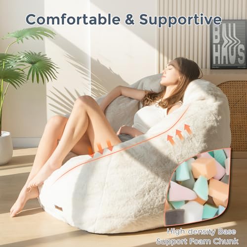 Image of MAXYOYO Giant Bean Bag Chair, Oversized Bean Bag Couch for Adults and Kids, Faux Fur Shell-Shaped Large Chair with Filler, Stuffed Big Accent Sofa Lounge Floor Sofa for Reading, Beige, Standard