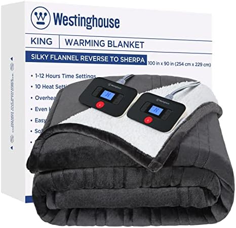 Westinghouse Electric Blanket Heated Blanket | 10 Heating Levels & 1 to 12 Hours Heating Time Settings | Flannel to Sherpa Reversible 90x100 King Size | Machine Washable, Charcoal