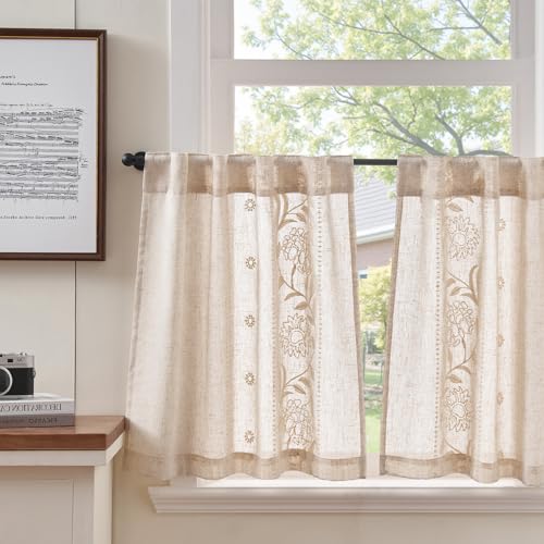 TOPICK Visillos de cocina, color blanco sobre crudo, con trabillas ocultas, cortas, con lino bordado, cortinas para salón, dormitorio, translúcidas, estilo rústico, juego de 2 unidades, 65 x 60 cm