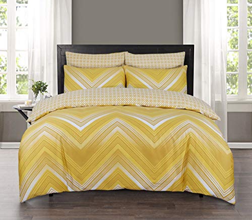 DTEX HOMES Parure de lit 100 % coton égyptien de qualité hôtelière 220 fils avec housse de couette et taies d'oreiller (chevron moutarde, très grand lit)