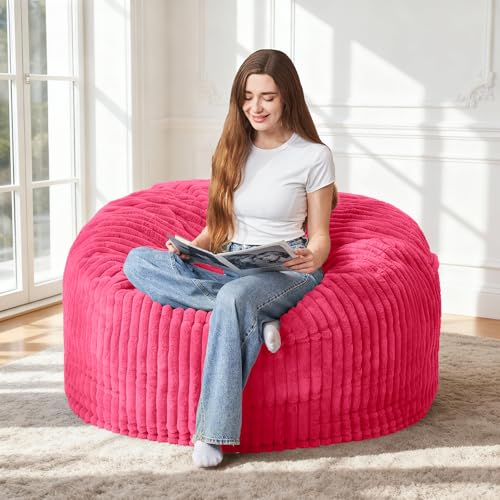 Image of HABUTWAY 3FT Bean Bag Chair, 3' Large Bean Bag Chairs for Adults with Stripe Plush Cover, Memory Foam Beanbag Chair for Living Room Bedroom Dorm,Pink