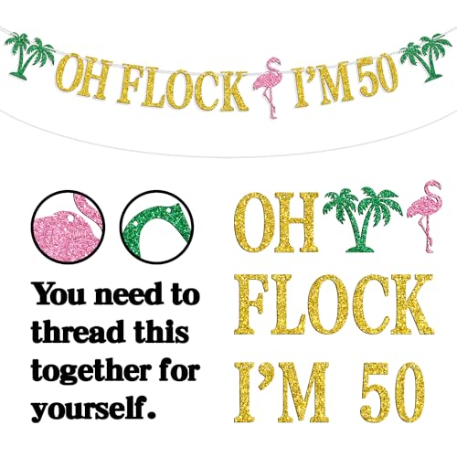 Image of Oh Flock I'm 50 Banner, Glitter Happy 50th Birthday Anniversary Party Decorations, Pineapple Party Decor, Hawaiian Luau Tropical Aloha 50 Theme Party Photo Props