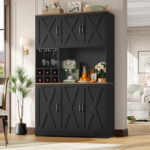HOCSOK Kitchen Cupboard 41.7" x 70.9" (W x H), Kitchen Cabinets Black, Pantry Cupboard with Removable Wine Rack, Glass Holder and Large Countertop, Sideboard with Microwave Stand - Image 2
