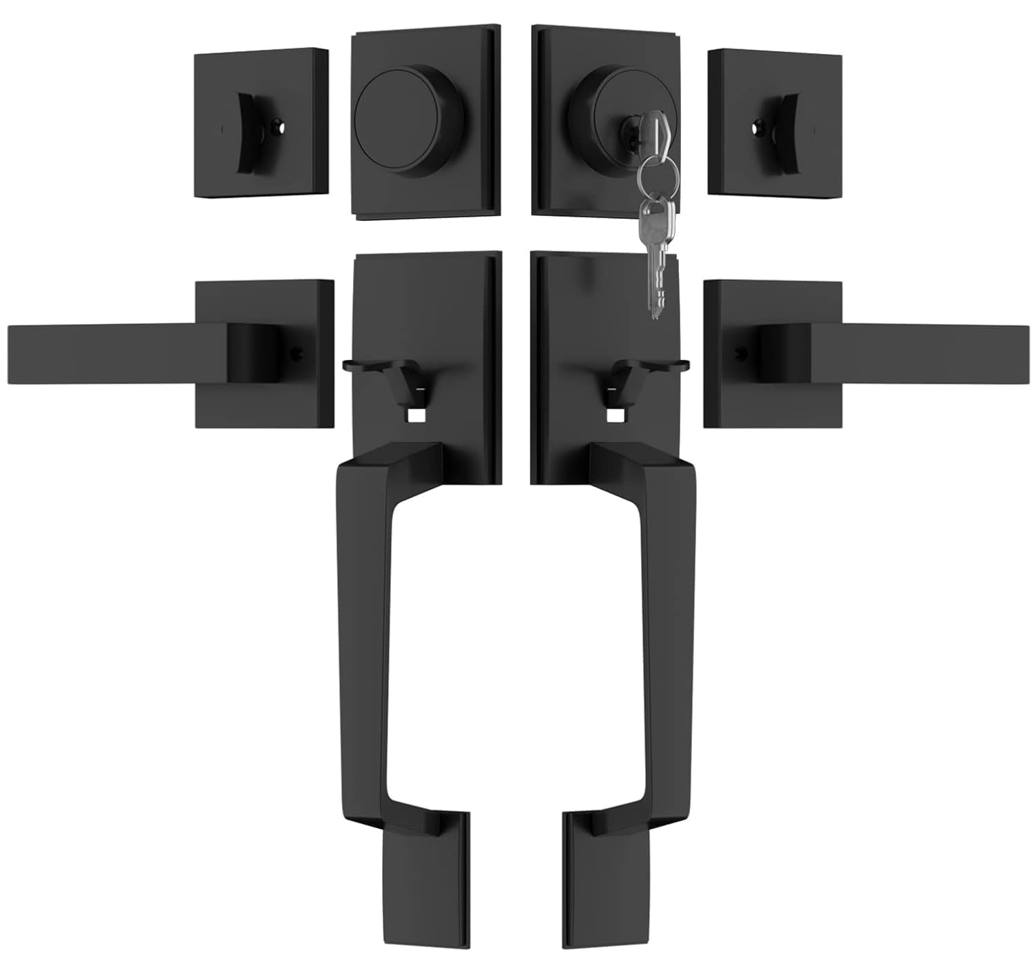 haidms matte black double door door lock set, heavy duty double door handle with deadbolt and dummy, double front door hardware set with reversible handle lever