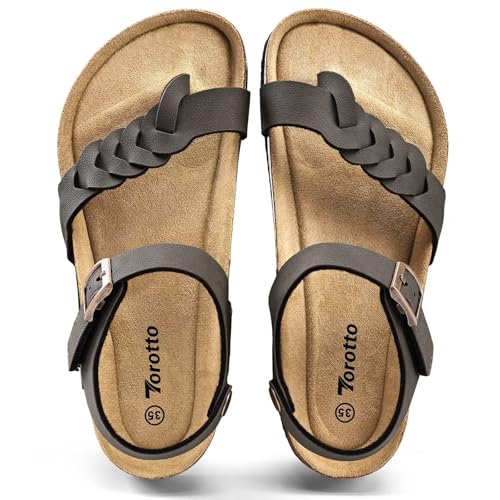 Image of Torotto Girls Boys Sandals with Cork Footbed Adjustable Buckle Summer Slides Flip Flops Open Toes Flat for Kids Toddler