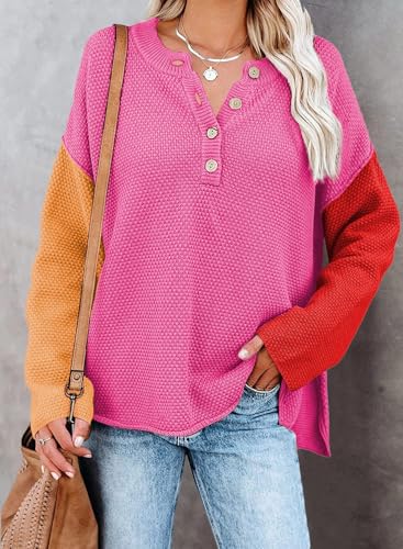 Pink Queen Women's V Neck Button Sweater Oversized Batwing Long Sleeve Henley Pullover Knit Jumper Top2