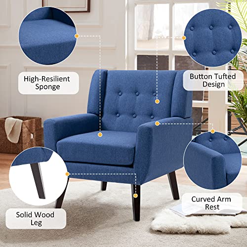 Uixe Comfy Arm Accent Chairs For Bedroom, Mid Century Modern Armchair Living Room Sofa Chair With Wooden Legs, Linen Fabric Button Tufted Upholstered Reading Chair For Home Office (Blue) #TOP3