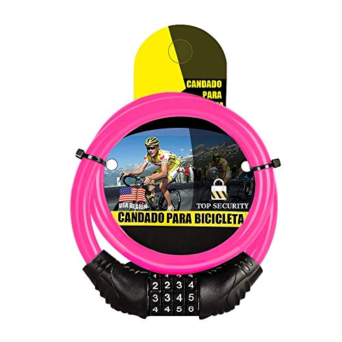 RORIO Bike Cable Lock, 4 Digit Security Resettable Combination Coiling Cable Bike Locks Without Mounting Bracket Pink
