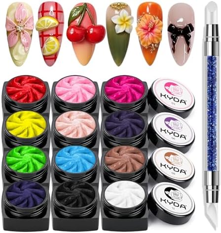 KYDA 12 Colors 3D Nail Gel Set, Non-Sticky Sculpting Gel for Nail Art Painting Drawing Hand Carving Molding, 3D Nail Art Design for Home Salon Manicure DIY with Sculpture Pen