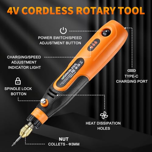 Image of Rotary Tool Kit Cordless 4V W / 105pcs Accessories, 3-Speed, USB-C | Orange Electric Mini Power Rotary Tool Max 15000RPM Battery Power & Charging for Polishing, Grinding, Cutting, Engraving