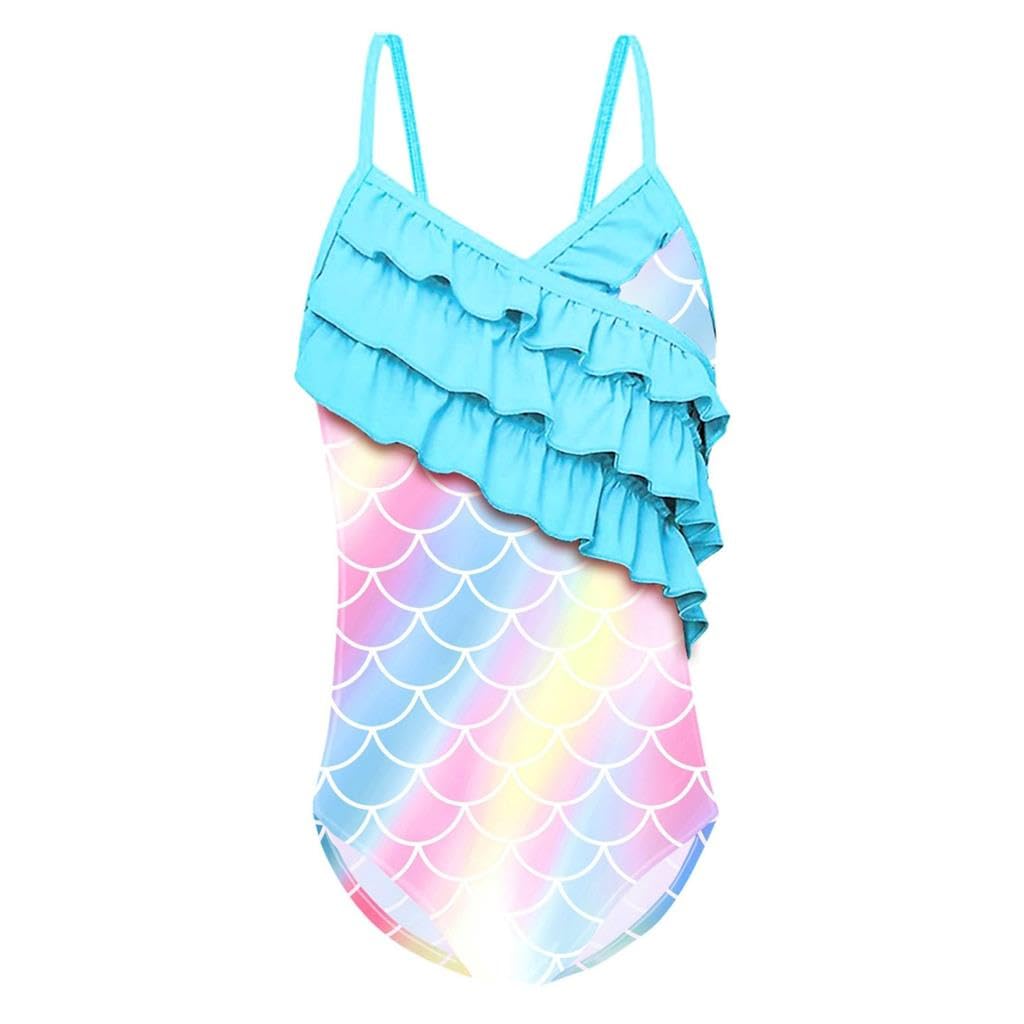 Lito Angels Mermaid Swimming Costume One Piece Swimsuit Swimwear Bathing Suit with Ruffle for Kids Girls Age 8-9 Years