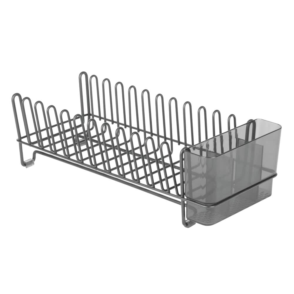 mDesign Scolapiatti in metallo – Scola piatti per lavello delle cucina – Sgocciolatoio in metallo con settore per le posate in plastica – grigio fumo/grigio grafite