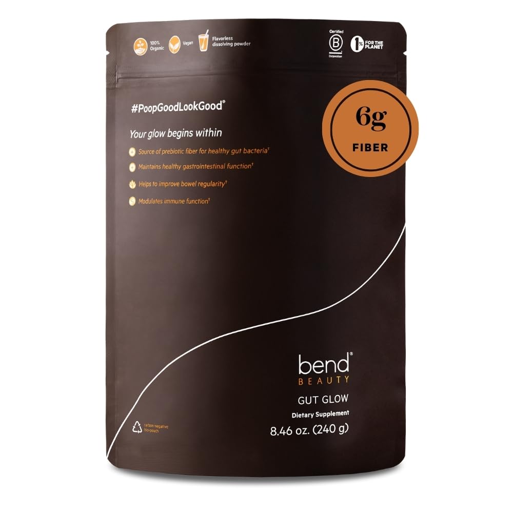 Bend Beauty Gut Glow | Daily Prebiotic Fiber Supplement Powder w/Tremella Mushroom Exract | Digestive Gut Health | 6g of Soluble Fiber per Serving | 100% Organic, Vegan, Sugar Free Fiber | Unflavored