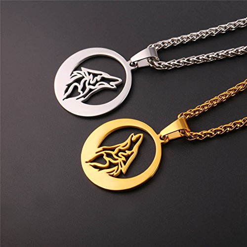 Colar de lobo U7 com corrente tipo trigo, ajustável, em aço inoxidável, com pingente redondo vazado
